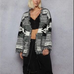 POL Black and White Fringed Cardigan